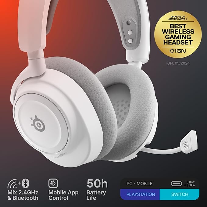 SteelSeries Arctis Nova 7 Wireless Gen 2 Gaming Headset - Real-Time App Control, 50+ HR Play, Neodymium Drivers, Mix 2.4GHz/Bluetooth, PC, PS5, PS4, Switch 1/2, Mobile - White