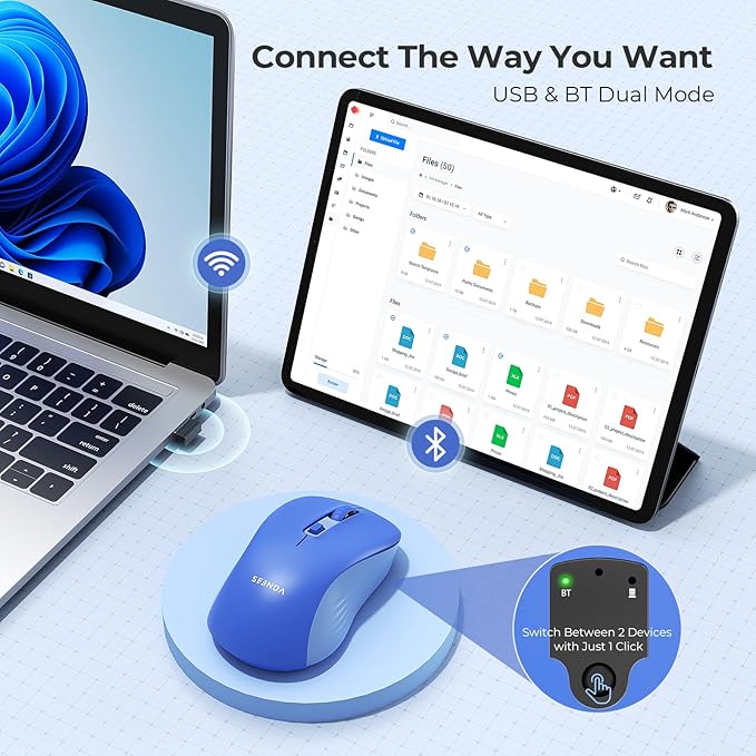 seenda Bluetooth Wireless Mouse, Bluetooth & 2.4G USB Dual Mode, Quiet Clicks, Smooth Tracking, 3-Level Adjustable 1600 DPI,Compact and Portable Mouse for Laptops, Tablets and More-Blue