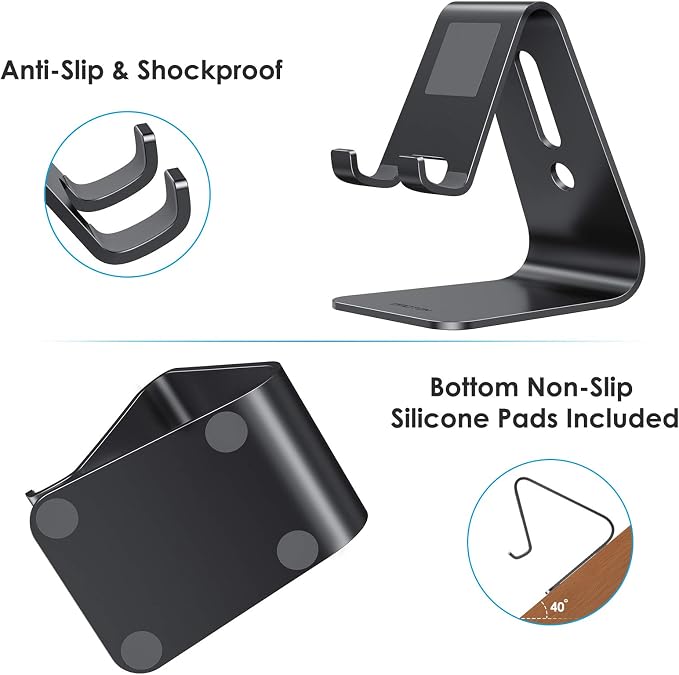 OMOTON C1 Upgraded Aluminum Cell Phone Stand for Desk, Durable Phone Dock | Protective Pads Cellphone Dock for iPhone 17/16/15/14/13 Pro Max Air, iPad mini, Android Smartphones - Black