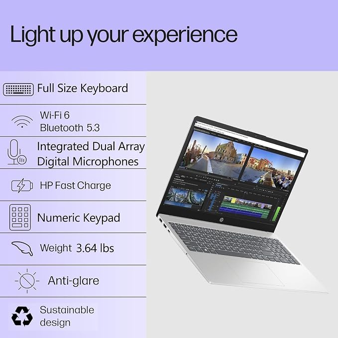 HP Notebook 15.6" FHD Laptop 2026, Intel Processor, 16GB RAM, 512GB SSD | WiFi 6, Microsoft 365, Long Battery Life, Portable Design, Windows 11 for Students & Office, Natural Silver