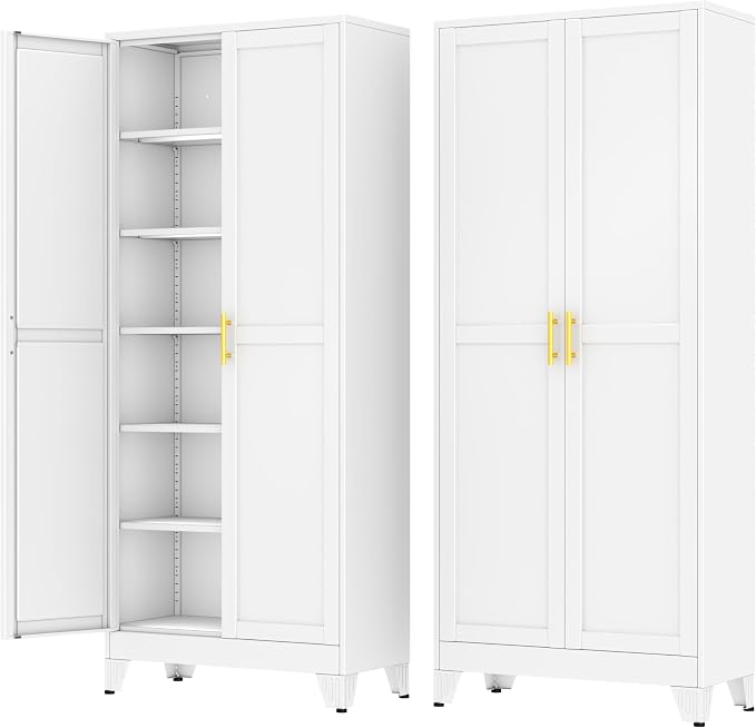 Metal Storage Cabinet with 2 Doors and 5 Adjustable Shelves - 74.8" Steel File Cabinet,Tool Cabinets for Office,Home,Garage,Gym,School (White)