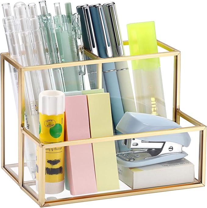BTSKY 1 Pack Golden Glass Pen Holder for Desk, Clear Pencil Cup with 3 Compartments, Metal Pen Cup Makeup Brushes Holder, Desktop Pens Pot Container, Stationery Cosmetic Caddy Storage for Office Home