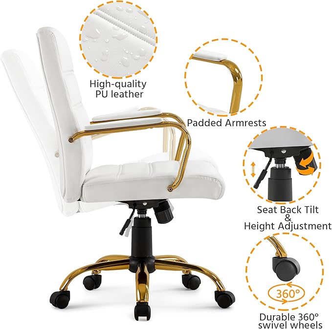 Yaheetech Mid-Back Office Chair PU Leather Desk Chair Adjustable Executive Task Chair w/Lumber Support Gold Leg White Seat