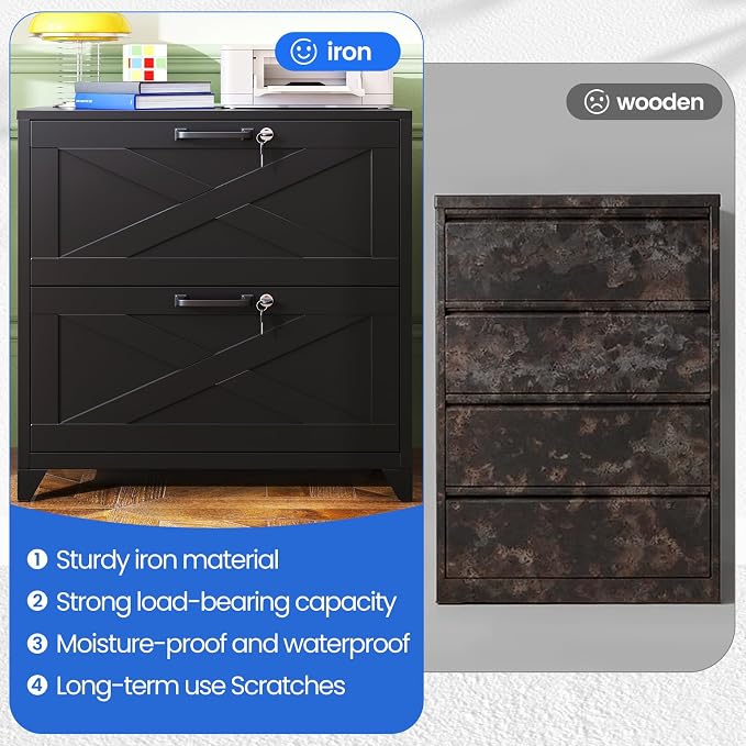 MIIIKO 2 Drawer File Cabinet with Lock,Metal Lateral Filing Storage Cabinets for Home Office,Files Folders Letter/Legal/A4 Size(Black)