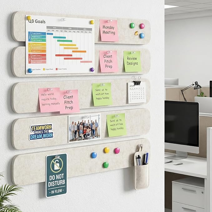 5 Pack Felt Bulletin Board Strips, 13x2 Inch Pin Board, Cork Boards | Self Adhesive, Includes 30 Pushpins, High-Density, Lightweight, for Wall Organiser, Home Office Decor (Oatmeal Color)