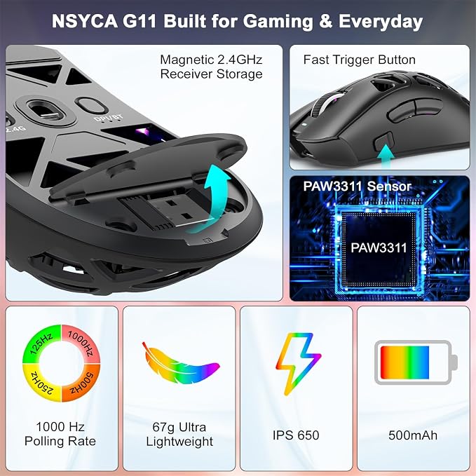 G11 Lightweight Wireless Gaming Mouse for FPS & Competitive Gaming, Tri-Mode Bluetooth 5.1/2.4GHz/USB-C, 22000 DPI RGB Mouse with Programmable Buttons for PC, Laptop & Mac (Black)