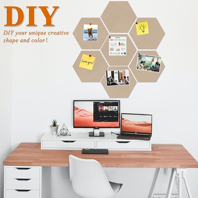 Large Hexagon Felt Cork Board Tiles, Self Adhesive DIY Felt Bulletin Board Pin Board with 35 Pushpins for Office School Home Wall Decor Stickers Memos Photos Display(Light Brown)