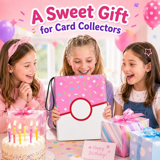 9 Pocket Card Binder 900 Card Holder Album, Pink Donut Trading Cards Holder Zipper Binder for Girl Teen Collection (Pink Donut, 900 Pocket)