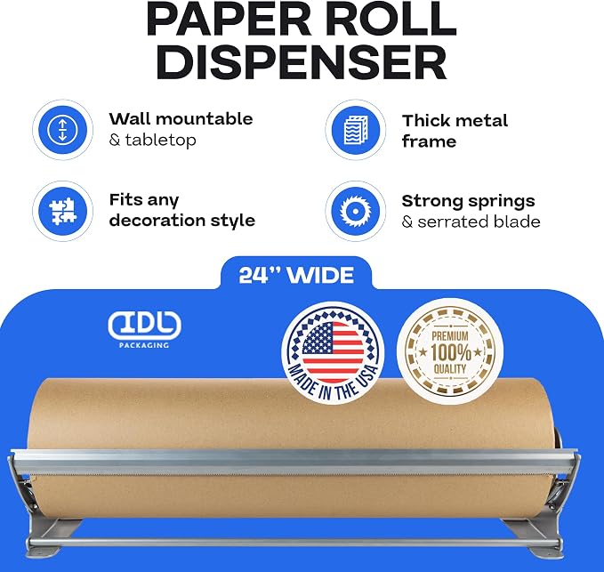 IDL Packaging 24" Kraft Paper Roll Dispenser & Cutter, Tabletop | for Rolls up to 24" Wide and 9" in Diameter – Reinforced Steel Paper Holder with a Cutter for Kraft, Butcher & Freezer Papers