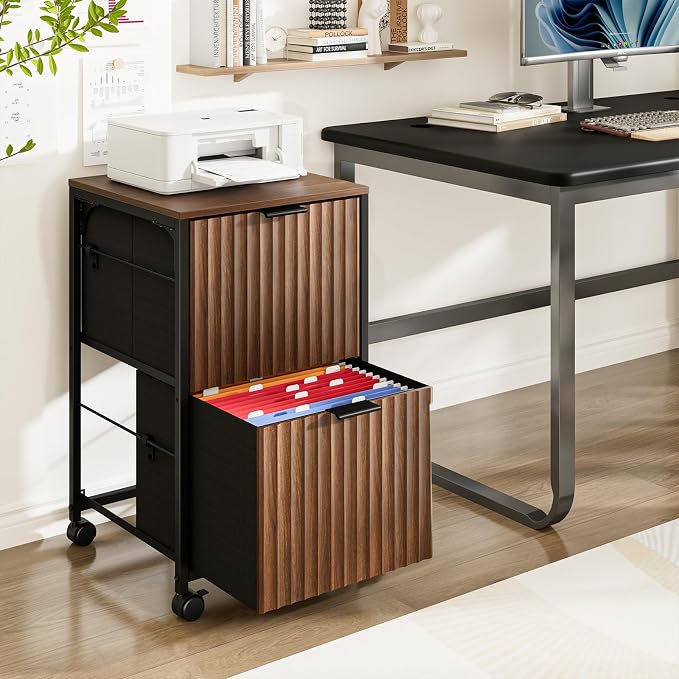 VINGLI 2 Drawer Mobile File Cabinet, Rolling Fluted Filing Cabinet Under Desk File Cabinet with Wheels, Fabric Drawers Printer Stand for Home Office, Fits Letter Size, Walnut