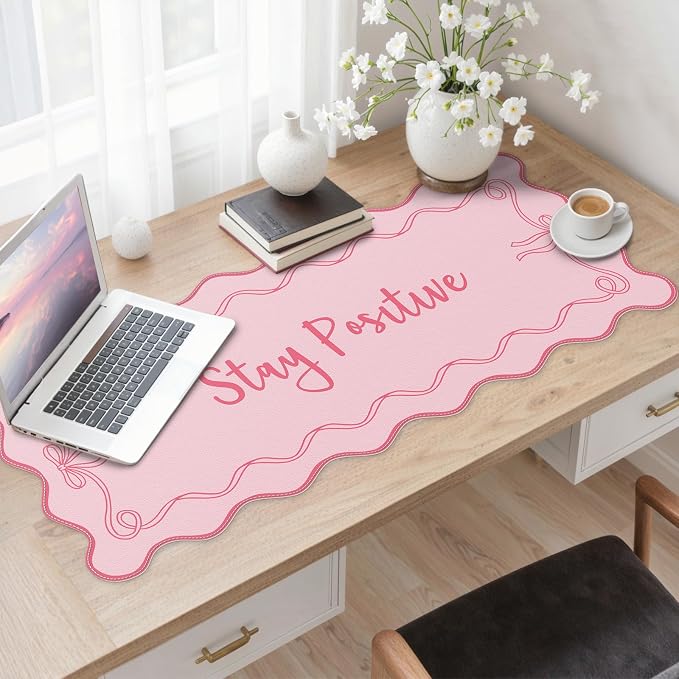 iCasso Pink Mouse Pad, Scalloped Desk Cover Mat, Leather Waterproof Desk Pad Mat for Desktop Protector, Non-Slip XXL Big Mousepad for Computer Keyboard Office Dorm Desk -Stay Positive