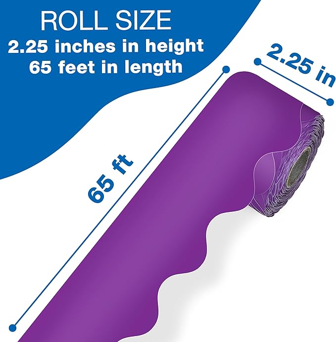 Carson Dellosa Education 65Ft of Purple Bulletin Board Borders, 1 Roll of Scalloped Trim for Rolling Whiteboard, Cork and Posterboard, Party, Office Decorations, and Classroom Decor