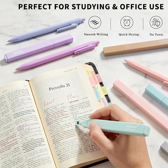 Aesthetic Highlighters and Black Ink Pens Set,Smooth Writing,Quick-Drying | 6pcs Chisel Tip Highlighters & 6pcs 0.5mm Fine Point Gel Pens for Women Nurse Bible Study,School and Office Supplies