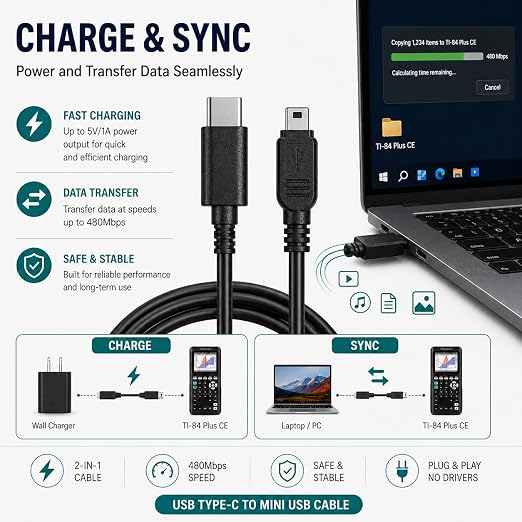 TI-84 Plus CE Charger Cable, USB-C to Mini USB Charge & Sync | Reliable USB-A to Mini USB Charge & Sync cable for TI-84 Plus CE calculators.