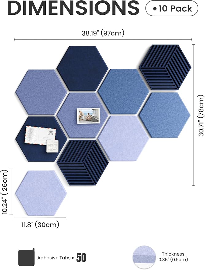 Fluxynara 10-Pack Hexagon Cork Board Alternative, Denim Mist | Felt Bulletin Board with 50 Adhesive Tabs, Ideal for Vision Boards and Wall Decor in Homes, Offices, Classrooms, and Dorms
