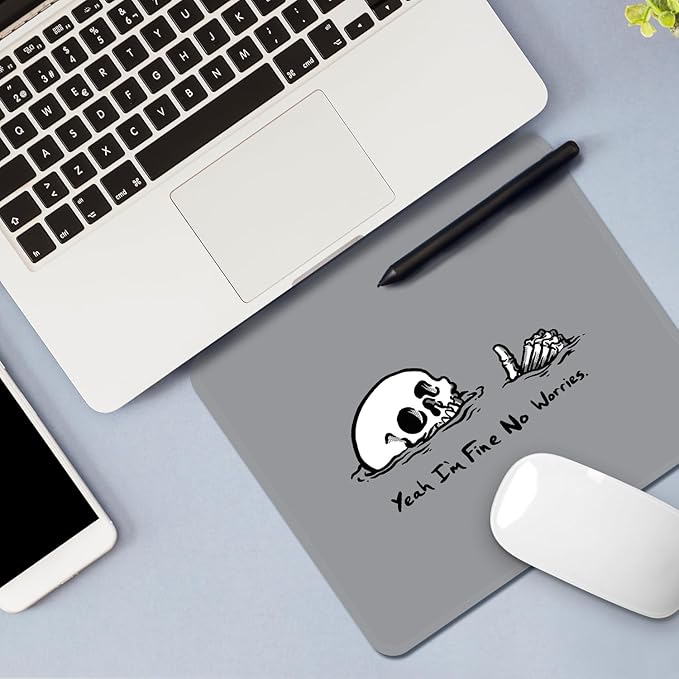 Mouse Pad with Stitched Edges - Funny Skull Mousepad for Women, 9.25 x 7.75 inch Washable Square Desk Pad, Non-Slip Rubber Base, Office Home Laptop Accessories - No Worries Skull