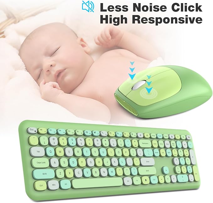 MOFII Wireless Keyboard and Mouse Combo, Colorful Full Size Keyboard with Number Pad, Silent Cute Wireless Mouse, 2.4GHz Dropout-Free Connection, for PC Laptop Computer (Green Color)