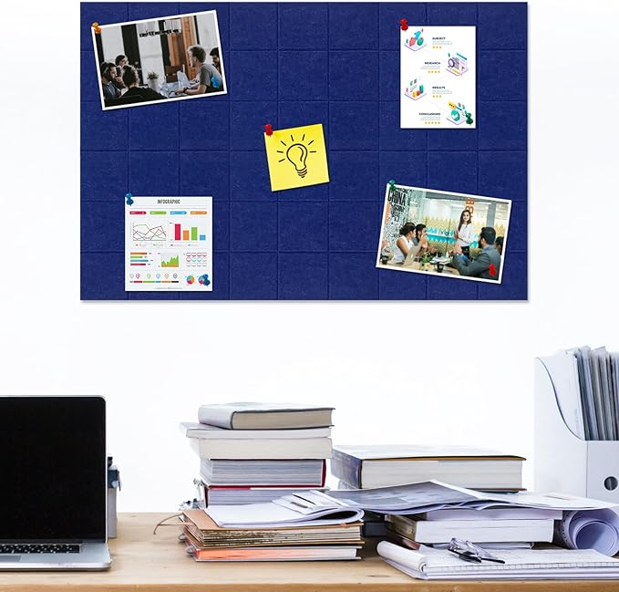 Large Square Felt Cork Board Tiles, Self Adhesive DIY Felt Bulletin Board Pin Board with 35 Pushpins for Office School Home Wall Decor Stickers Memos Photos Display (Dark Blue)