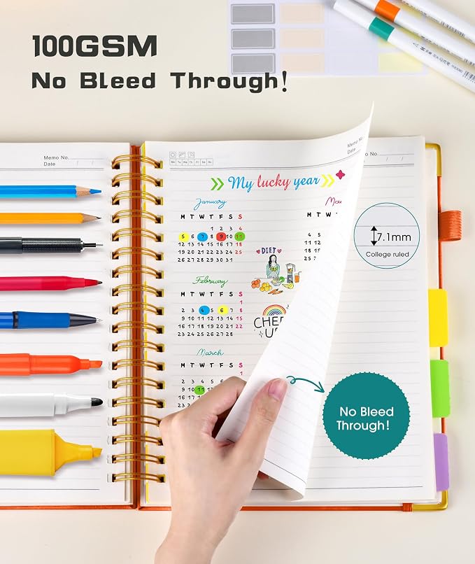 Hardcover Spiral Notebook Journal with Removable Dividers Tabs, 300 Pages Leather 5 Subject Notebook College Ruled, 8"x10" Large Notebooks for Work School Note taking, Lined Journal for Women, Orange