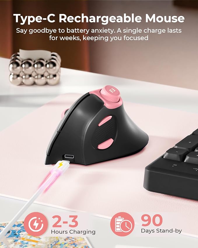 seenda MOU-302 Wireless Bluetooth Ergonomic Vertical Mouse with Volume Knob | Rechargeable 3-device mice for small/medium hands with quiet clicks, 1000/1600/2400 DPI for PC, laptop, MacBook, Black Pink