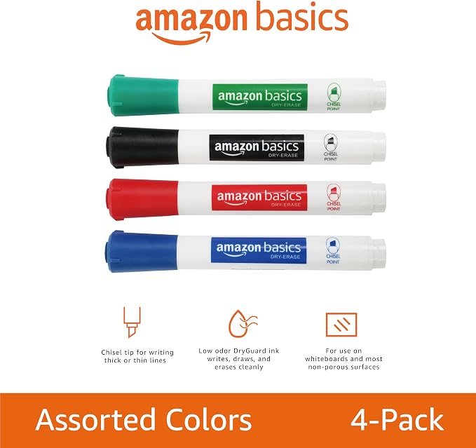 Amazon Basics Low-Odor Dry Erase Whiteboard Markers, Chisel Tip, Quick-Dry, Black, Red, Green, Blue, 8-Pack