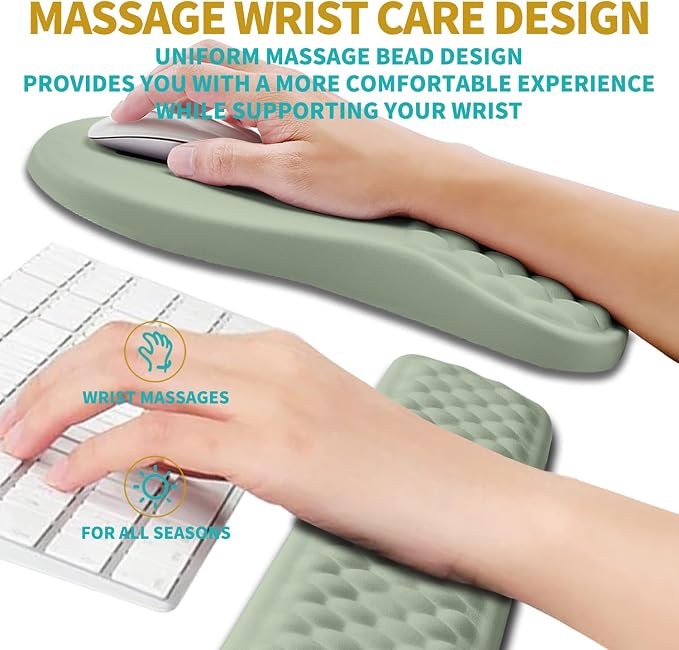 Hokafenle 2 in 1 Ergonomic Mouse Pad Wrist Support & Wrist Rest for Computer Keyboard Set, with Relieve Carpal Tunnel Pain Massage Bulge and Full Memory Gel Design (2In1 Set, Light Green)