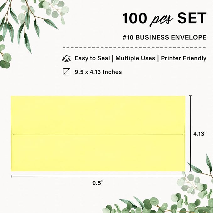 100 Pack #10 Yellow Envelopes Letter Size Self Seal Business Envelopes | Security Mailing Envelopes, 4 1/8 x 9 1/2 Inches