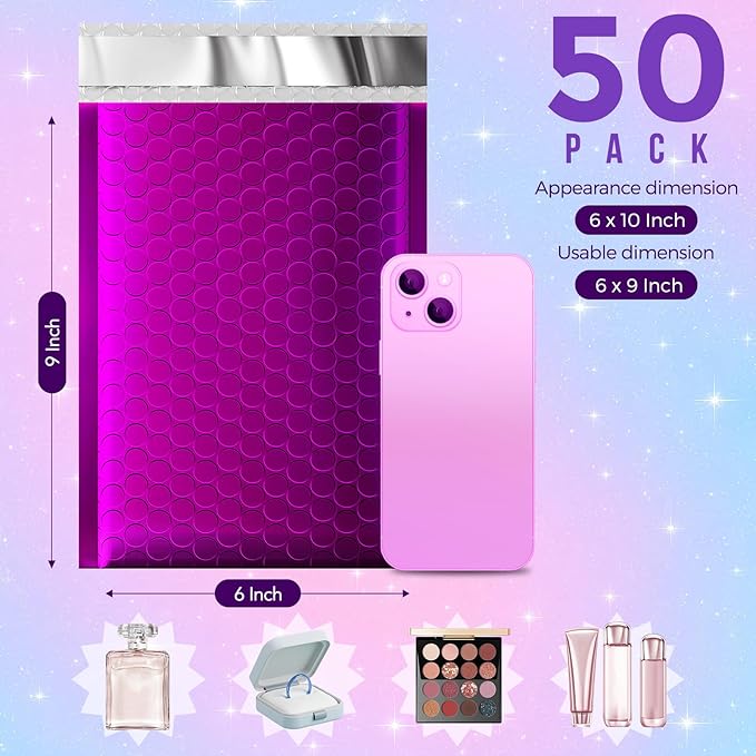 Fuxury Foil Bubble Mailers 6x10" 50 Pack,Sturdy Padded Envelopes Usable Size 6x9",Strong Adhesion Bubble Shipping Envelopes,Thick Opaque Shipping Bags for Mailing Jewelry Makeup Gift Small Item Purple