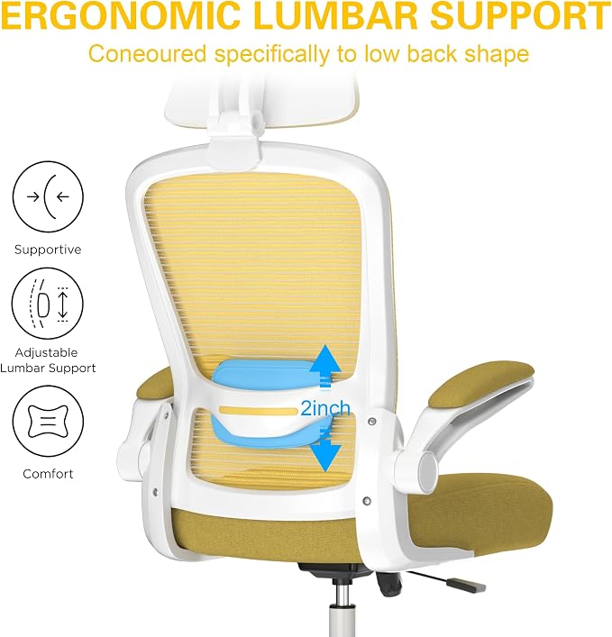 Mimoglad Office Chair, High Back Ergonomic Desk Chair with Adjustable Lumbar Support and Headrest, with flip-up Armrests for Guitar Playing, 5 Years Warranty (Modern, Golden Light)