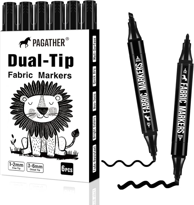 Pagather Fabric Markers, 6 Pack Black Dual Tip Pens for Clothes | For T-Shirts, Tote Bags, Canvas, Shoes & DIY Fabric Projects, Fine & Chisel Tips Create Detailed Designs and Black Lines