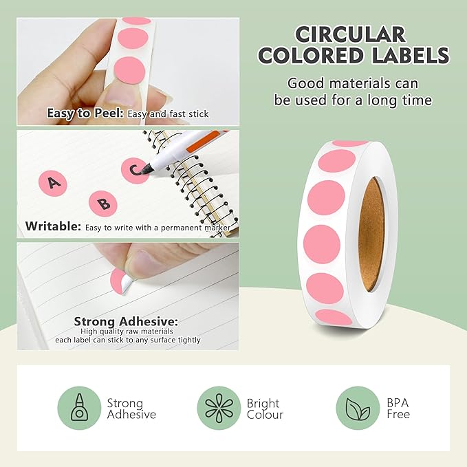 PARLAIM 1/2 Inch Diameter Dot Stickers, 10 Rolls 10000pcs Pink Self-Adhesive Color-Code Dot Stickers Permanent Adhesive Round Circle Labels for Office Classroom
