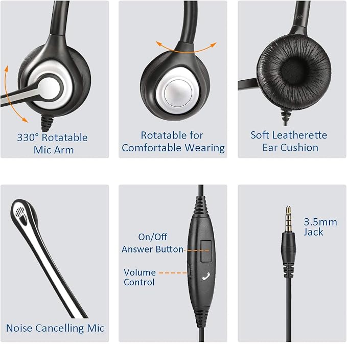 Cell Phone Headset with Microphone Noise Cancelling & Call Controls, 3.5mm Computer Headphones for Samsung PC Business Skype Softphone Call Center Office, Clear Chat, Ultra Comfort