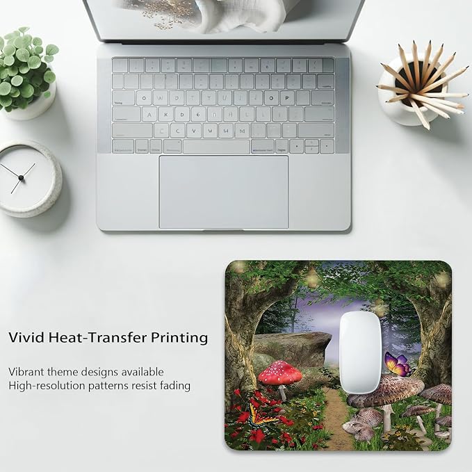 Mushroom Mouse Pad, Enchanted Nature Pathway Butterfly Landscape Desk Mat | Cute Mousepad Stitched, Anti-Slip Base Smooth Surface, 9.5 x 7.9 Inches