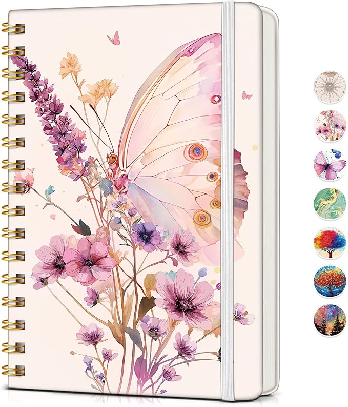 Lined Spiral Journal Notebook for Women, A5 Cute Hardcover Spiral Journals for Writing, 150 Pages Pretty College Ruled Notebooks for Work & Note Taking, 5.75" x 8.38", Butterfly Bouquet