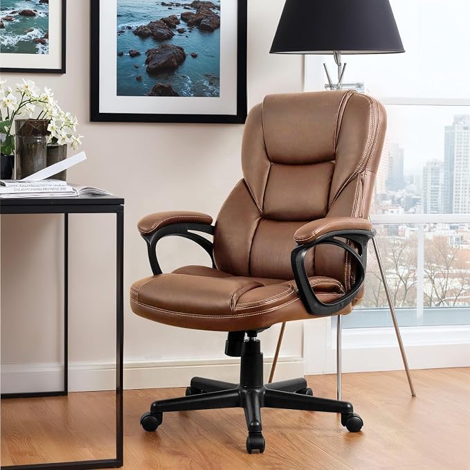 Furmax Office Executive Chair High Back Adjustable Managerial Home Desk Chair, Swivel Computer PU Leather Chair with Lumbar Support (2, Light Brown)