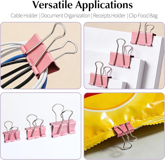 Binder Clips Assorted Sizes, Morandi Colors, Durable Metal Binder Clips for Office, Cute Desk Supplies for Teachers Student (Pink - 1 Box)