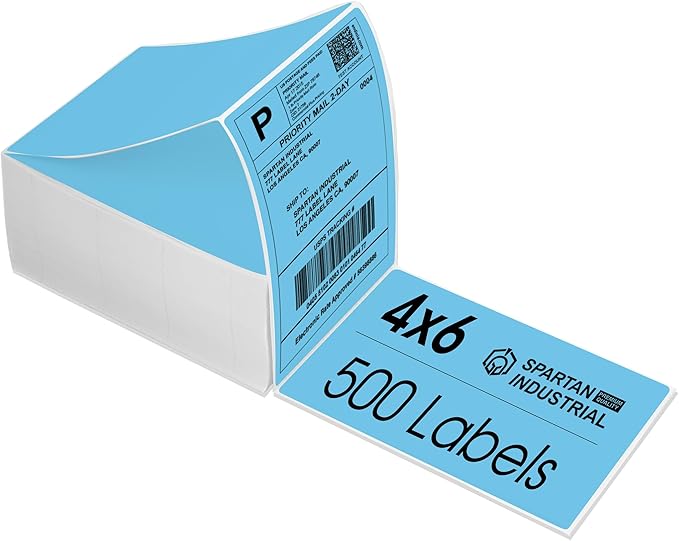 Spartan Industrial - 4" X 6" Blue Direct Thermal Fanfold Labels (500 Count, 1 Stack) - Printable Postage Shipping Labels, Package Identification - Compatible with Zebra and Rollo Printers