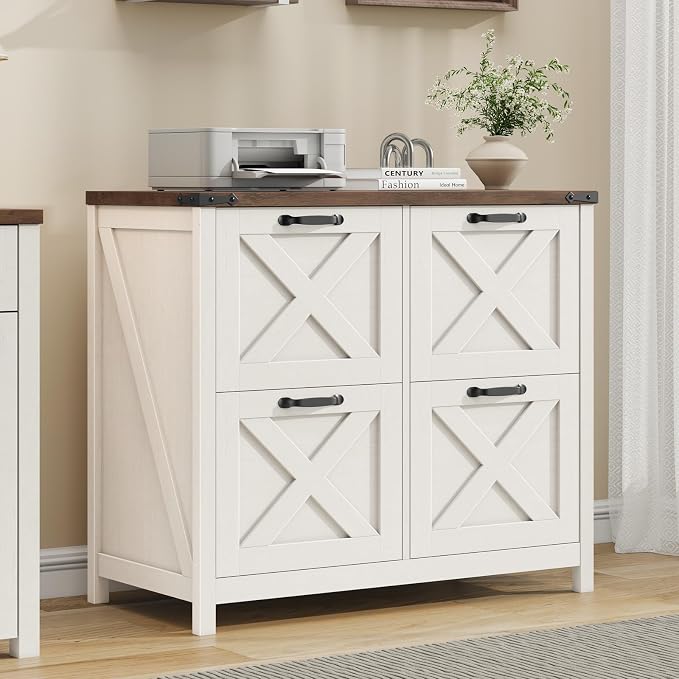 Halitaa Farmhouse Lateral File Cabinet with 4 Drawers, White and Brown | Lateral Filing Cabinet for Letter/A4 Size Hanging File, Wood File Storage Cabinet Printer Stand for Home Office Cabinet