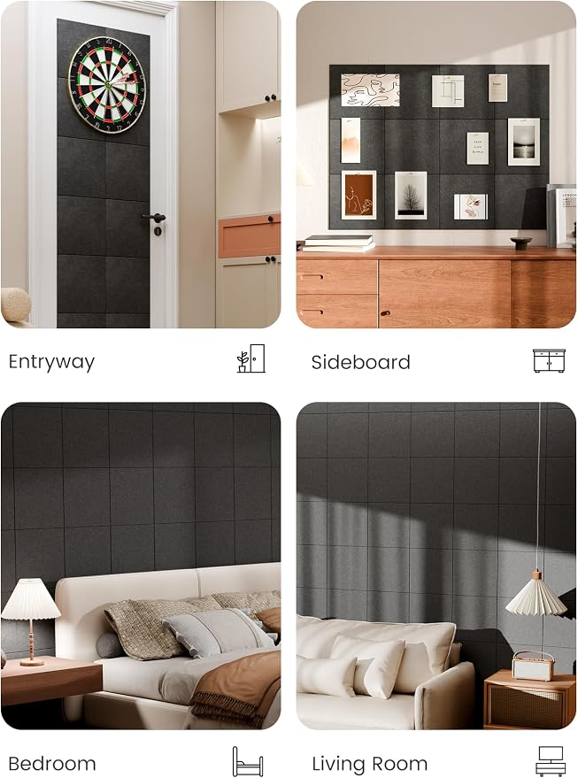Bumusty 48"x 36" Large Felt Bulletin Board Tiles, Charcoal Gray | 12-Pack Cork Board Alternative, Wall Decor, 30 Pushpins, 60 Adhesive Tabs, Vision Board, Office, Classroom, Home, Dorm