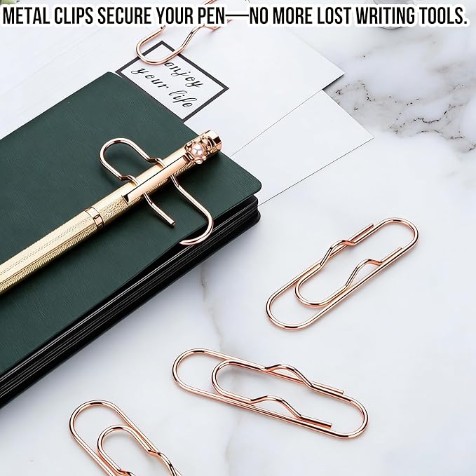 HINGTAI 12Pcs Pen Holder Clips - Pen Holding Paper Clips Metal for Notebooks, Decorative Pencil Clip Organizer, Multi-Functional Bookmark & Card Holder for Desk Organization Rose Gold