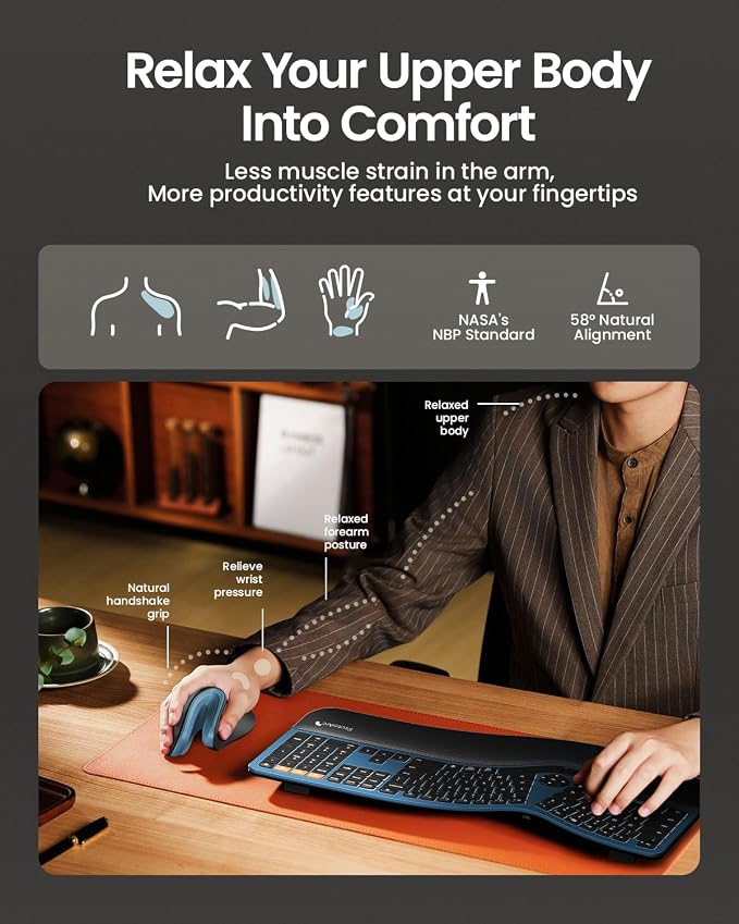 ProtoArc EM11 NL Wireless Ergonomic Mouse, Rechargeable Vertical Mouse | 58° vertical design supports a natural wrist posture, connect 3 devices via Bluetooth/2.4G USB-A, 500mAh USB-C rechargeable.