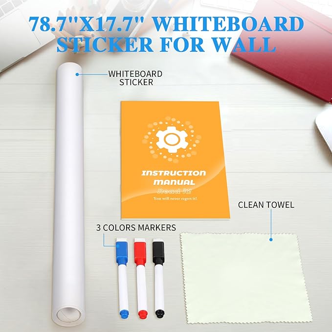 ZNCMRR 78.7"x17.7" Whiteboard Sticker for Wall White Board Contact Paper Dry Erase Wallpaper with 3 Markers Adhesive Poster Board Whiteboard for School Office Home Kids Drawing