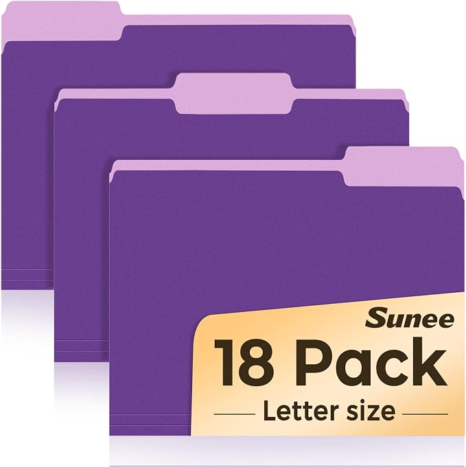 SUNEE File Folders, 18 Pack Manilla Folders 8.5 x 11, 1/3 Cut Tab for Easy Labeling and Organization, Durable Standard Paper for Home, Office, School Filing, Purple