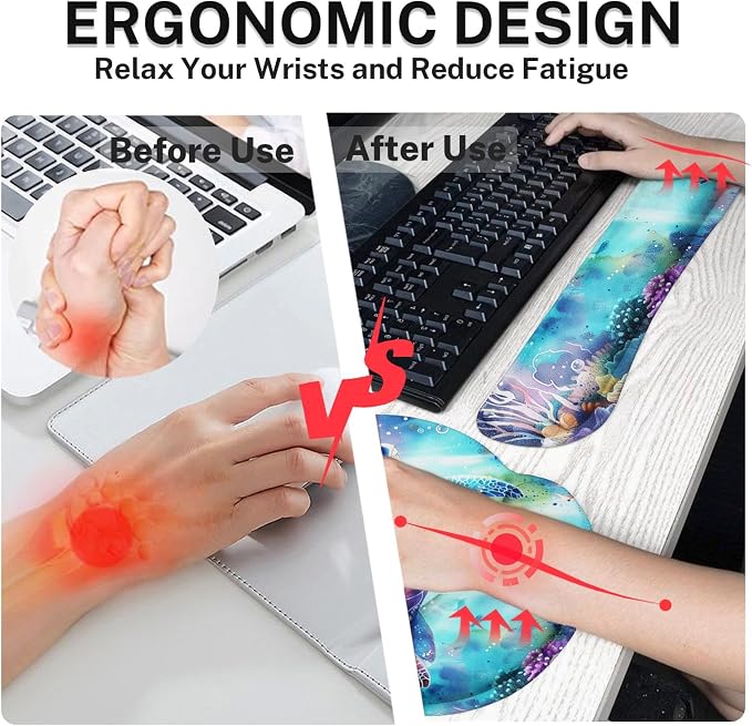 Arttown Keyboard Mouse Pad Set, 4 in 1 Desk Mat Set Sea Turtle | Sea World Animal Large Mousepad+Keyboard Wrist Rest+Mouse Wrist Rest+Coaster Ergonomic Design for Home Office Computer