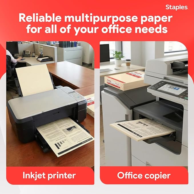 Staples Pastel Recycled Copy Paper, Cream, 20 lb., 8.5" x 11", 500 Sheets – 30% Recycled Multipurpose Paper for Printing & Documents