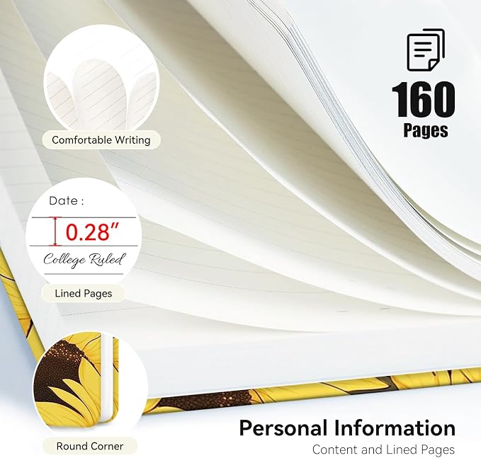 Lined Spiral Journal Notebook for Work A5, 160 Pages, Sunflower Cat | College Ruled Spiral Journal for Women, Hardcover with Elegant Design for Note-Taking, 5.5 * 8.25 inch