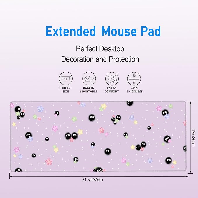 Cute Purple Mouse Pad,Large Kawaii Gaming Desk Mat 31.5 x 12 in | Star Sea Urchin Anime Lilac Decor Mousepad for Girls Women,Pastel Lavender Extended Girly Deskmat with Stitched Edges