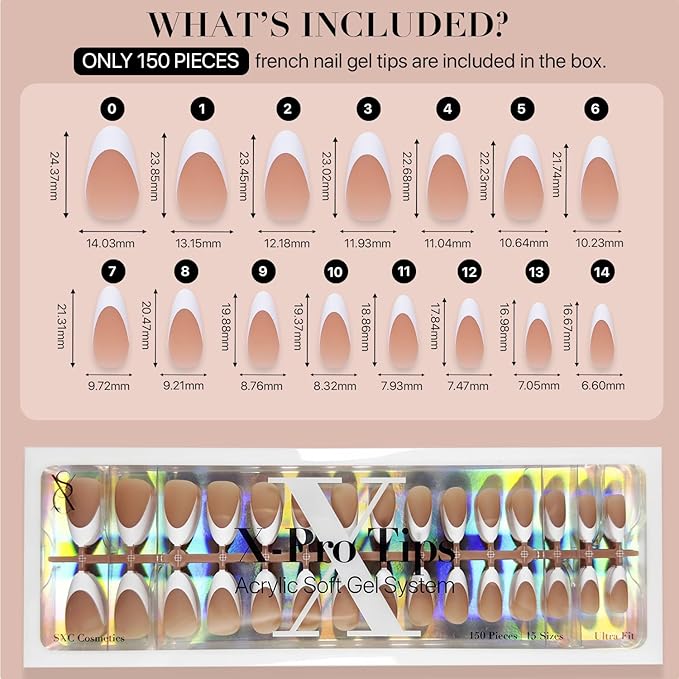 SXC Cosmetics French Tip Press On Nails Brown Medium Almond 150 Pieces in 15 Sizes Ultra Fit with Pre-applied Tip Primer and Base Coat, No Need to File Fake Nails for Nail Art DIY X-Pro Tips