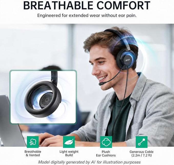 EKSA H27 USB Computer Headset with Microphone for Work, PC Headset with Noise Cancelling Mic, Wired Over-Ear Headphones with in-Line Controls, USB Headset for PC/Computer/Laptop/Call Center/Office