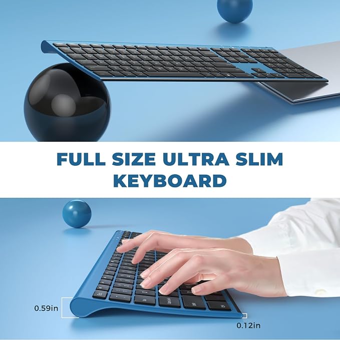 Vssoplor Wireless Keyboard and Mouse, Rechargeable Ultra Slim, Black Blue | Quiet Full-Size Keyboard and Mouse Combo Set, for Laptop, PC, Notebook, Desktop, 2.4GHz Stable Connection, Ideal for Office